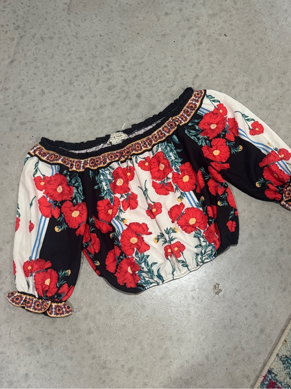 Women’s Off-Shoulder Floral Peasant Top - Red/Black